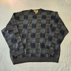Tricots St. Raphael Mens Merino Wool Sweater Geometric Knit Gray Black Brown L